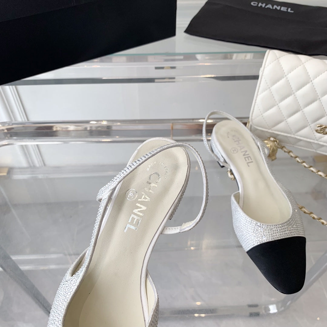 Double CC Rhinestone Slingback Sheepskin White Black - 35