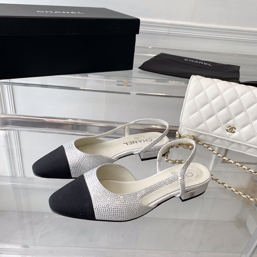 Double CC Rhinestone Slingback Sheepskin White Black - 35