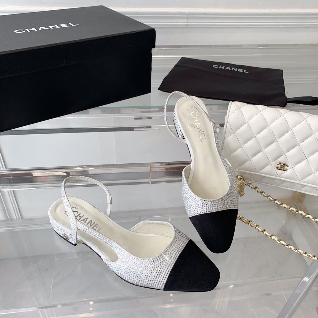 Double CC Rhinestone Slingback Sheepskin White Black - 35