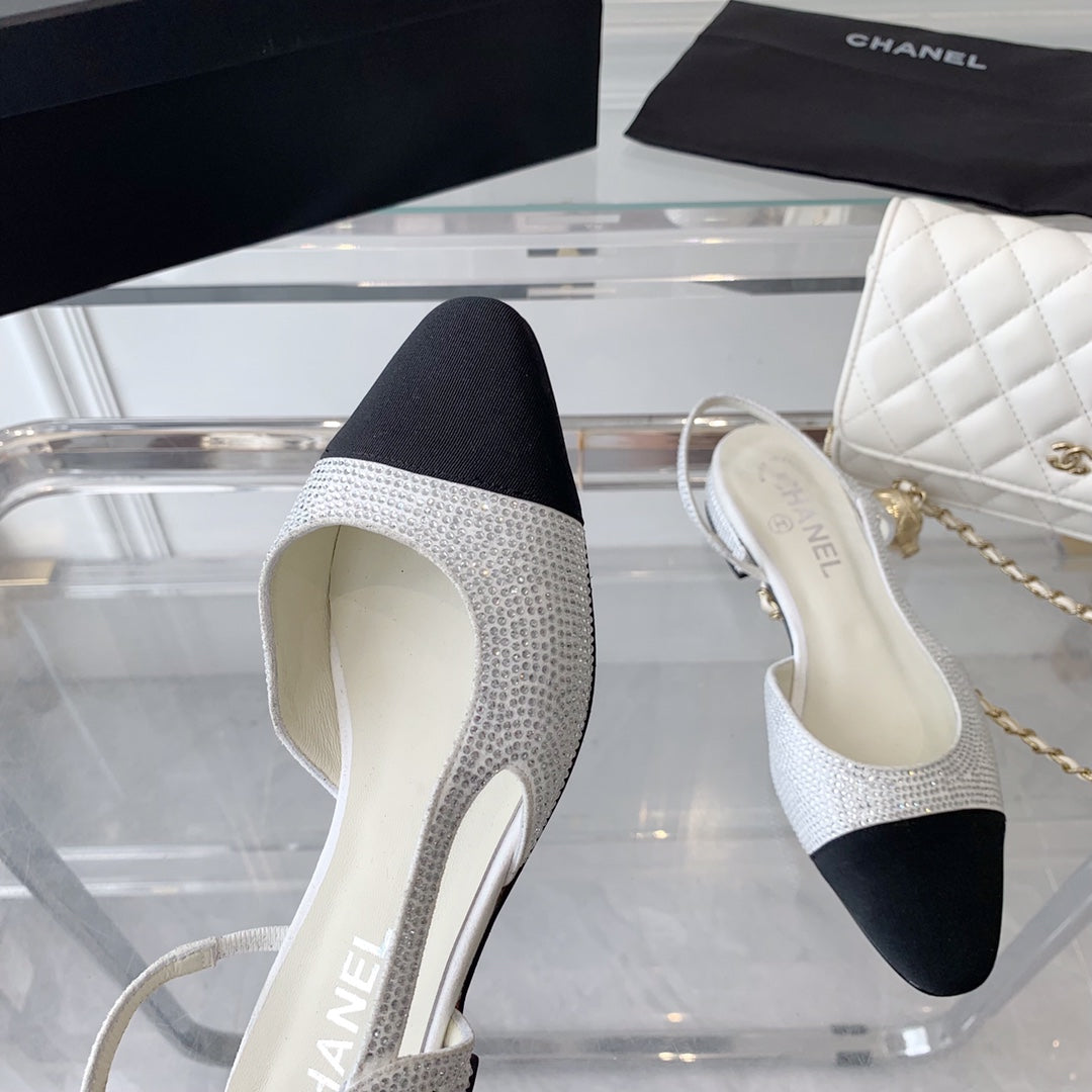 Double CC Rhinestone Slingback Sheepskin White Black - 35
