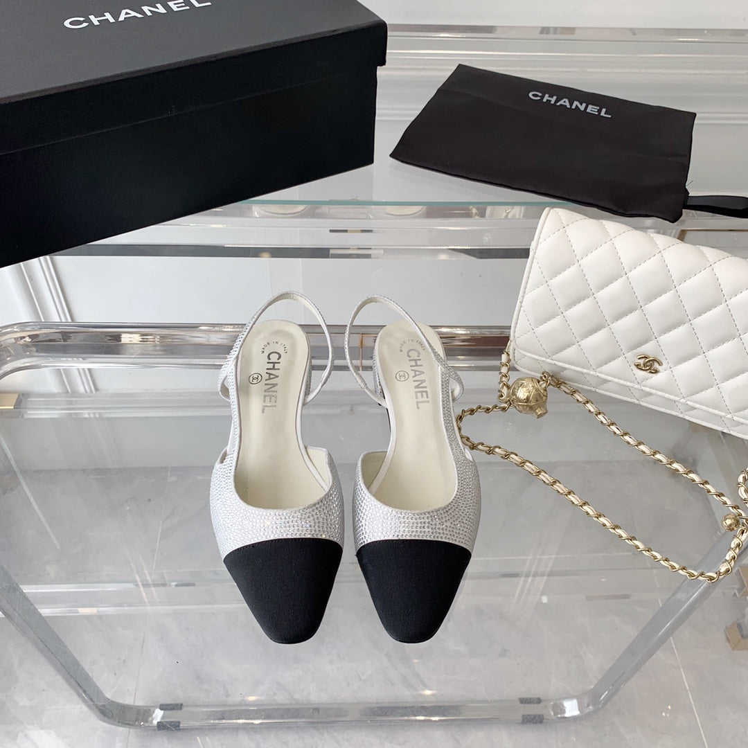 Double CC Rhinestone Slingback Sheepskin White Black - 35