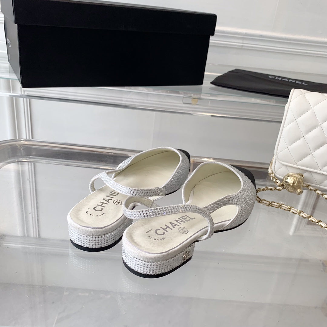 Double CC Rhinestone Slingback Sheepskin White Black - 35