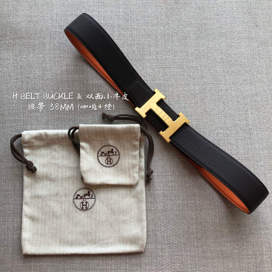 HM BELT BUCKLE & REVERSIBLE BLACK AND ORANGE LEATHER STRAP 38MM GOLD HARDWARE - 30