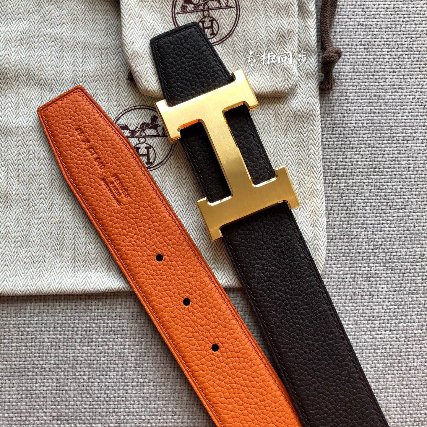 HM BELT BUCKLE & REVERSIBLE BLACK AND ORANGE LEATHER STRAP 38MM GOLD HARDWARE - 30
