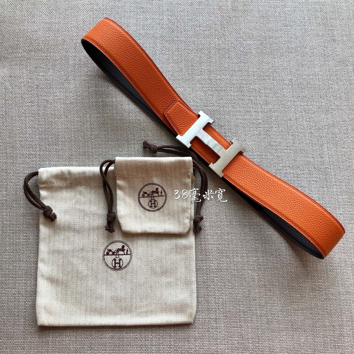 HM BELT BUCKLE & REVERSIBLE BLACK AND ORANGE LEATHER STRAP 38MM SILVER HARDWARE - 30