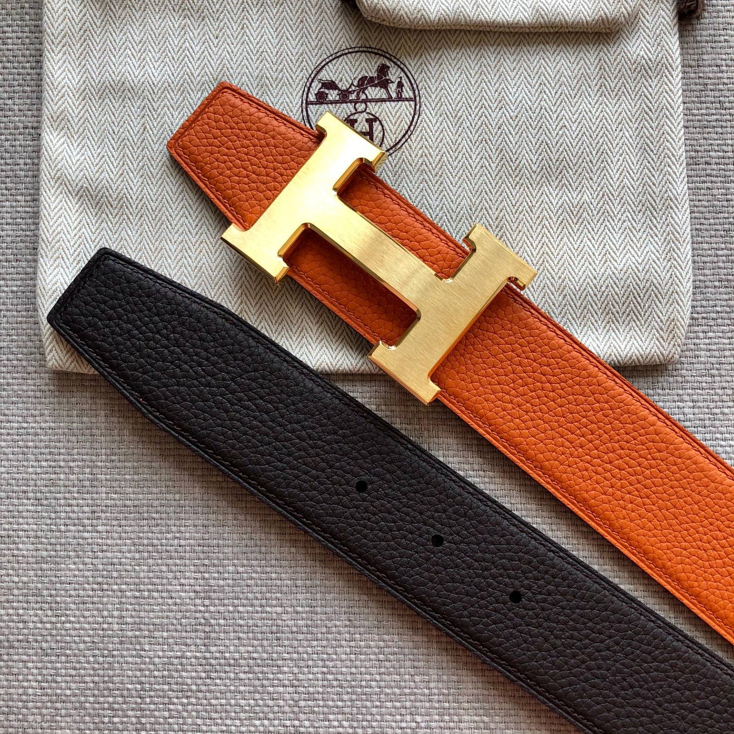 HM BELT BUCKLE & REVERSIBLE BLACK AND ORANGE LEATHER STRAP 38MM GOLD HARDWARE - 30