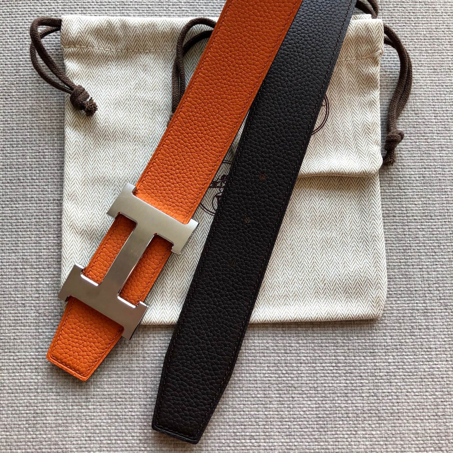 HM BELT BUCKLE & REVERSIBLE BLACK AND ORANGE LEATHER STRAP 38MM SILVER HARDWARE - 30