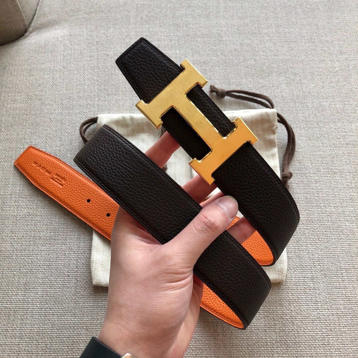HM BELT BUCKLE & REVERSIBLE BLACK AND ORANGE LEATHER STRAP 38MM GOLD HARDWARE - 30