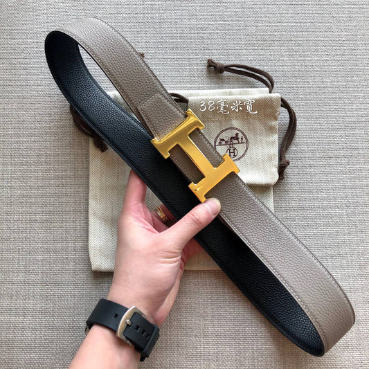 HM BELT BUCKLE & REVERSIBLE BLACK AND TAN BROWN LEATHER STRAP 38MM GOLD HARDWARE - 30