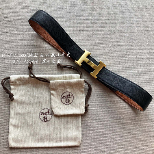 HM BELT BUCKLE & REVERSIBLE BLACK AND BRONZE BROWN LEATHER STRAP 38MM GOLD HARDWARE - 30