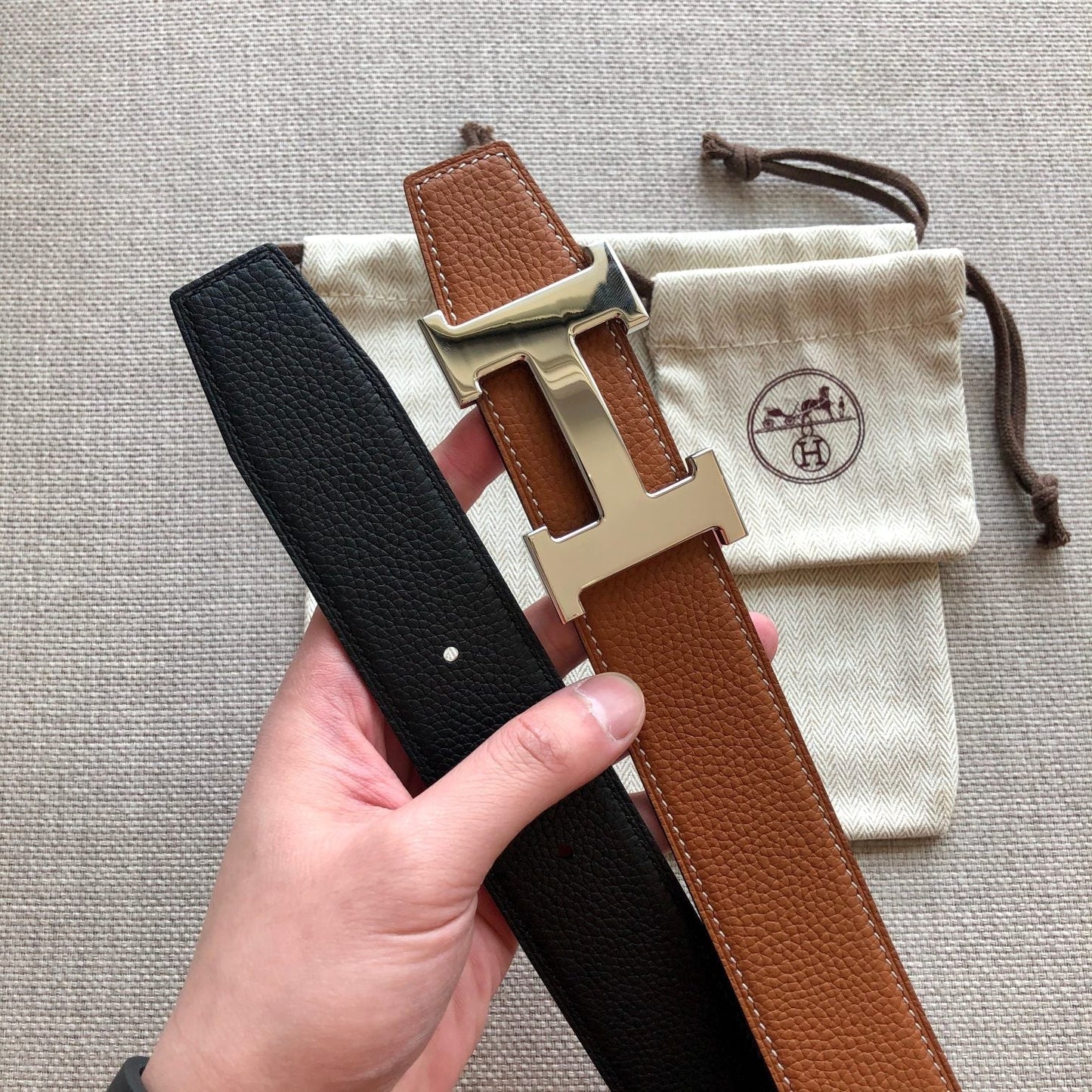 HM BELT BUCKLE & REVERSIBLE BLACK AND BRONZE BROWN LEATHER STRAP 38MM GOLD HARDWARE - 30