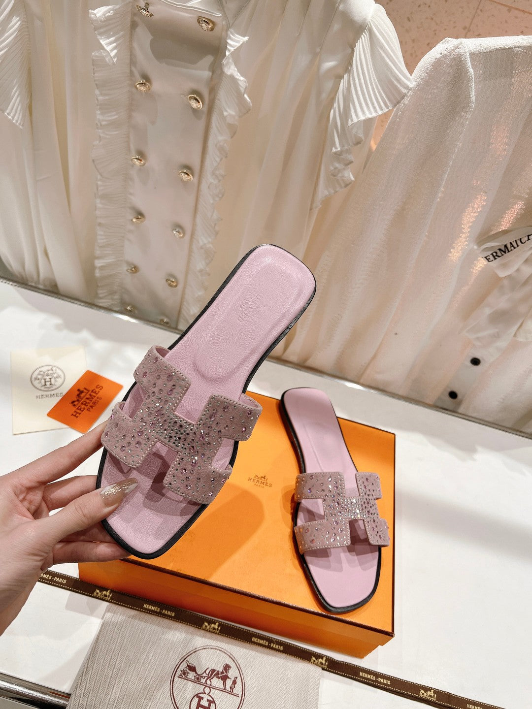 0RAN SANDALS PASTEL PINK LAMBSKIN ATTACH CRYSTAL - 34