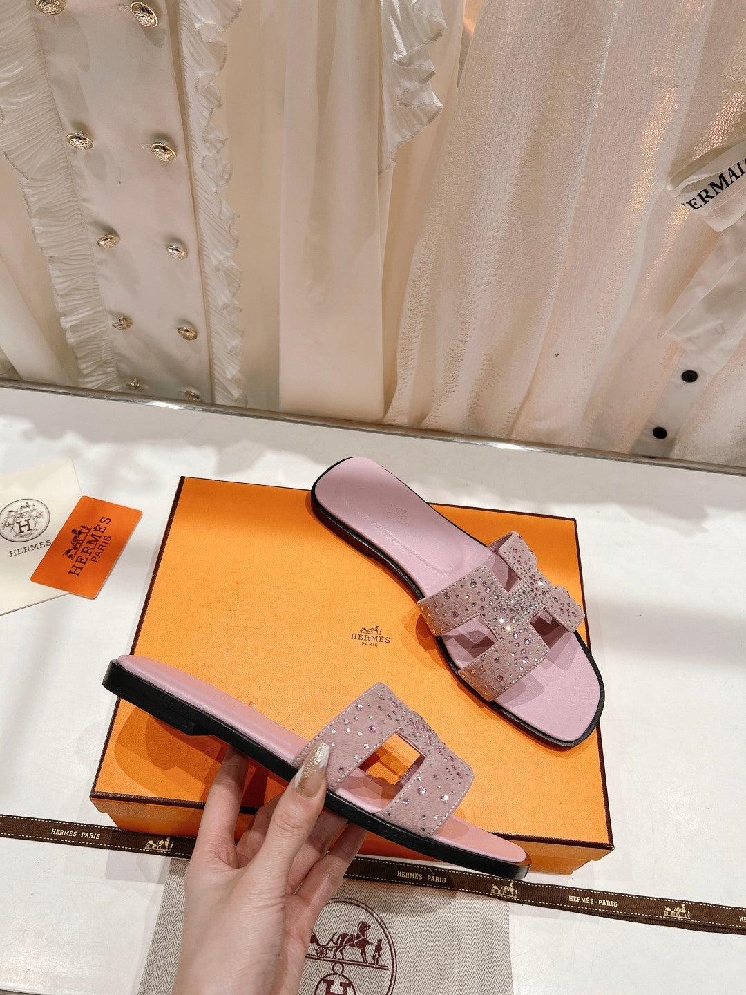 0RAN SANDALS PASTEL PINK LAMBSKIN ATTACH CRYSTAL - 34