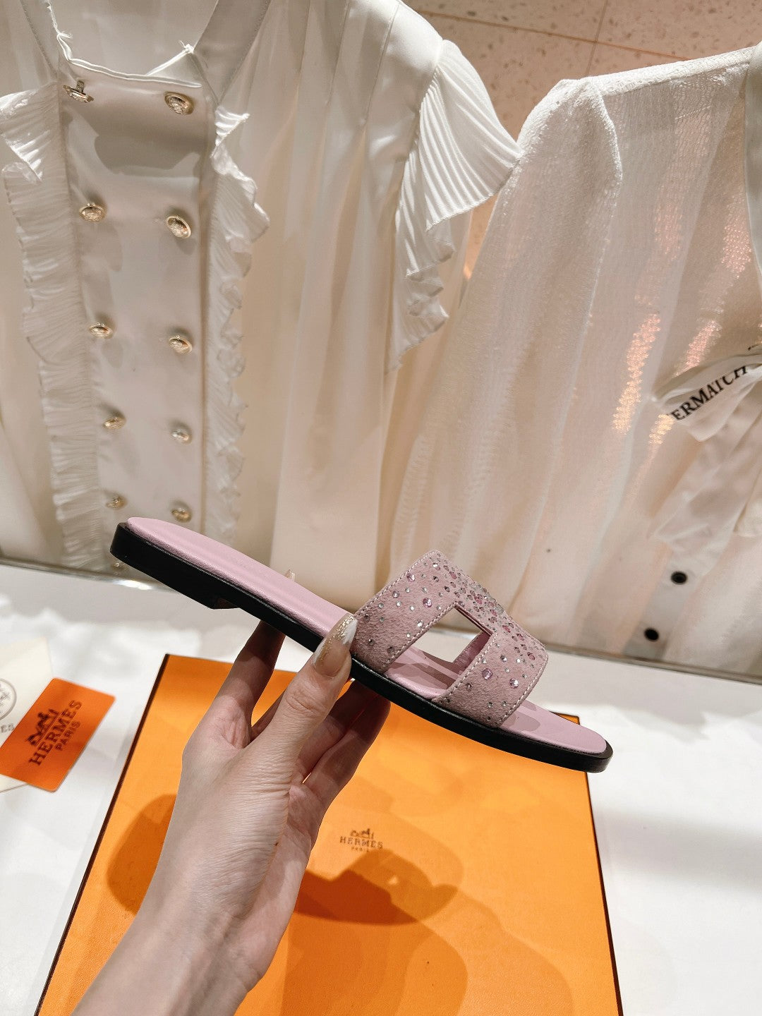 0RAN SANDALS PASTEL PINK LAMBSKIN ATTACH CRYSTAL - 34