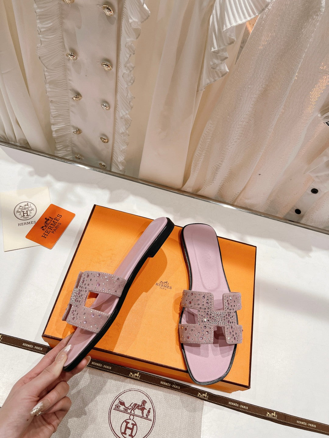 0RAN SANDALS PASTEL PINK LAMBSKIN ATTACH CRYSTAL - 34