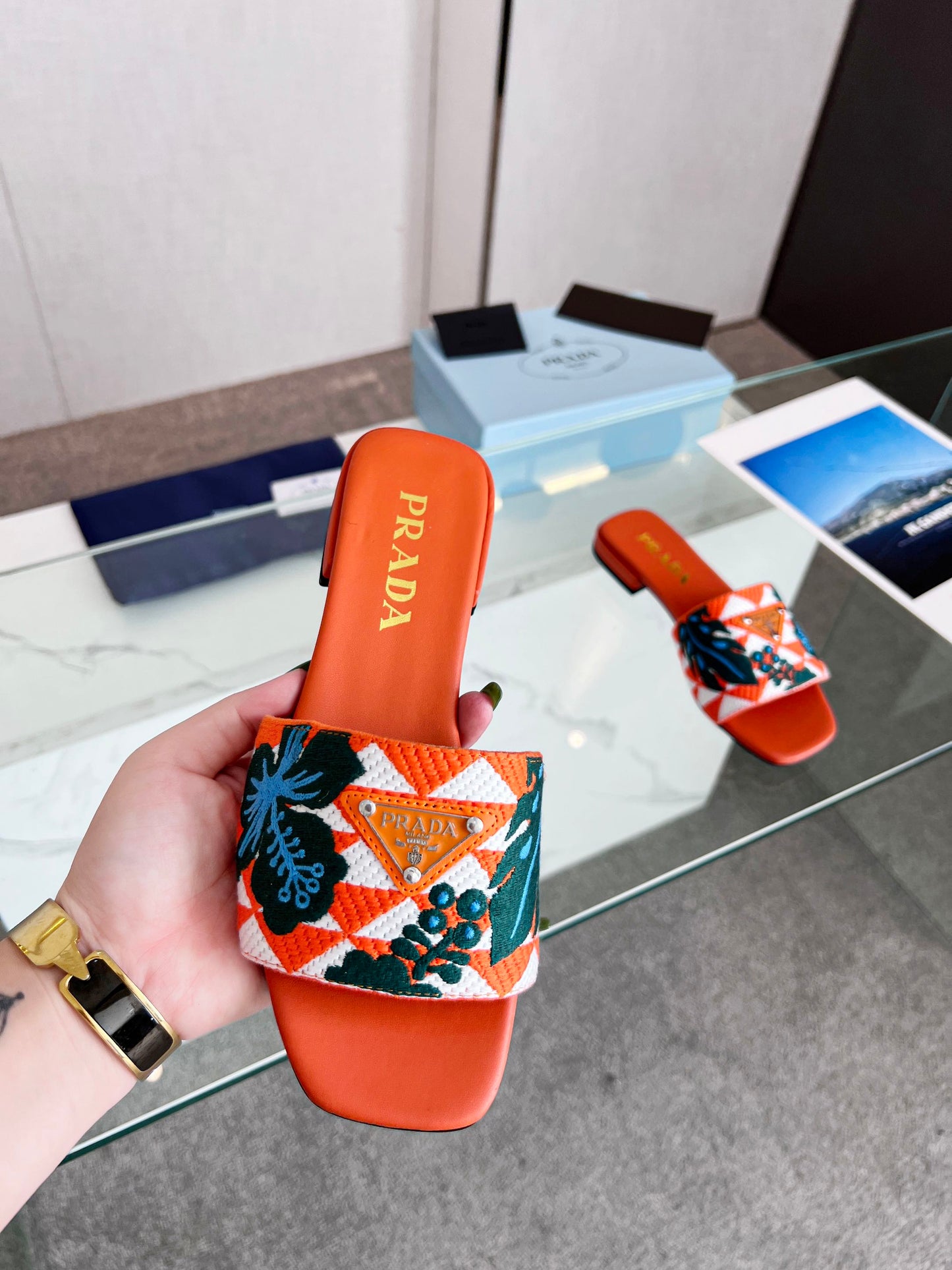 PRA EMBROIDERED SLIDES FLAT ORANGE FABRIC - 35