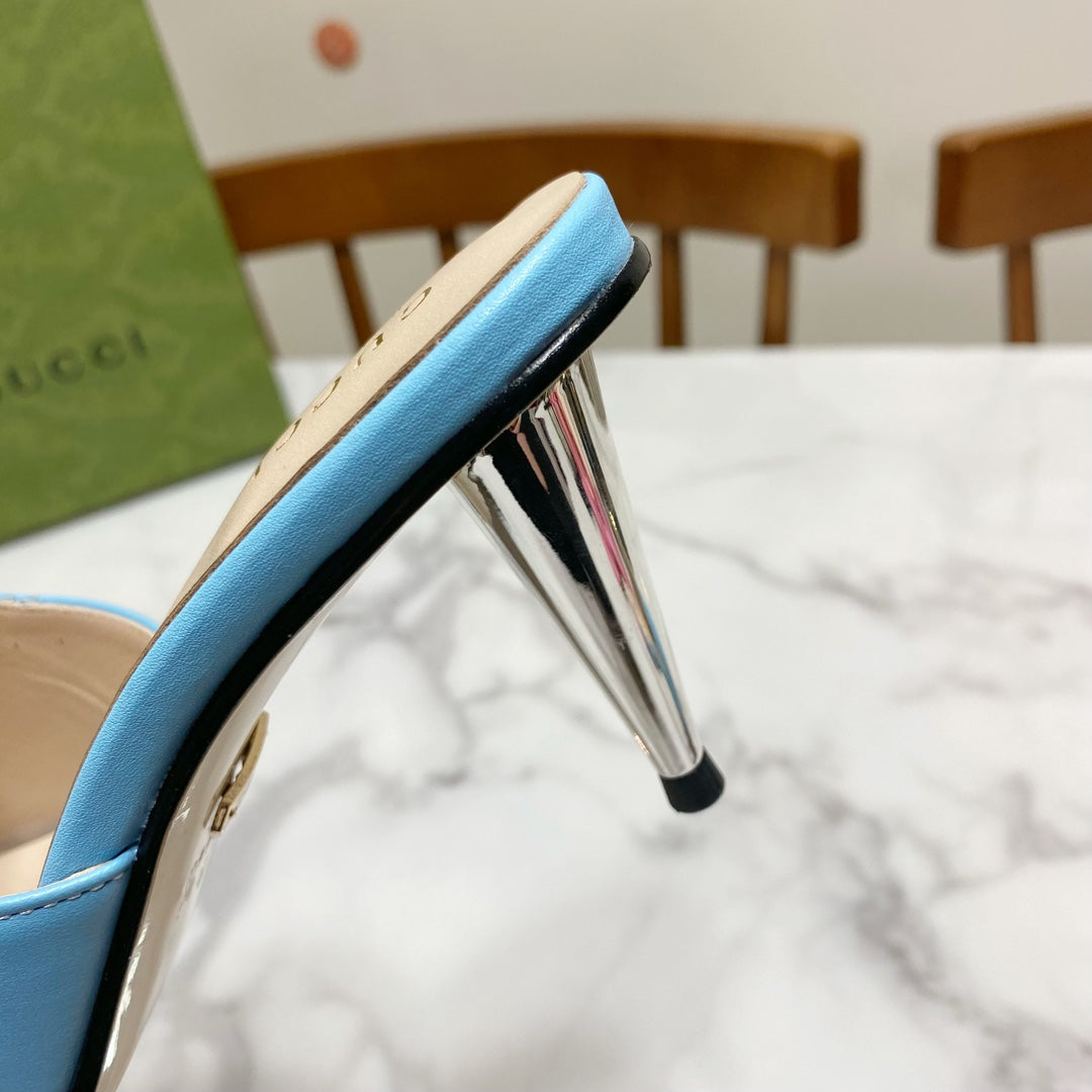 GG HIGH HEELS BLONDIE 75 IN SKY BLUE LAMBSKIN WITH GOLD HARDWARE - 34