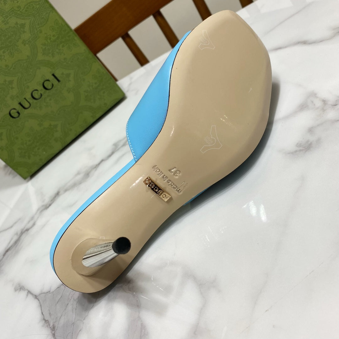 GG HIGH HEELS BLONDIE 75 IN SKY BLUE LAMBSKIN WITH GOLD HARDWARE - 34