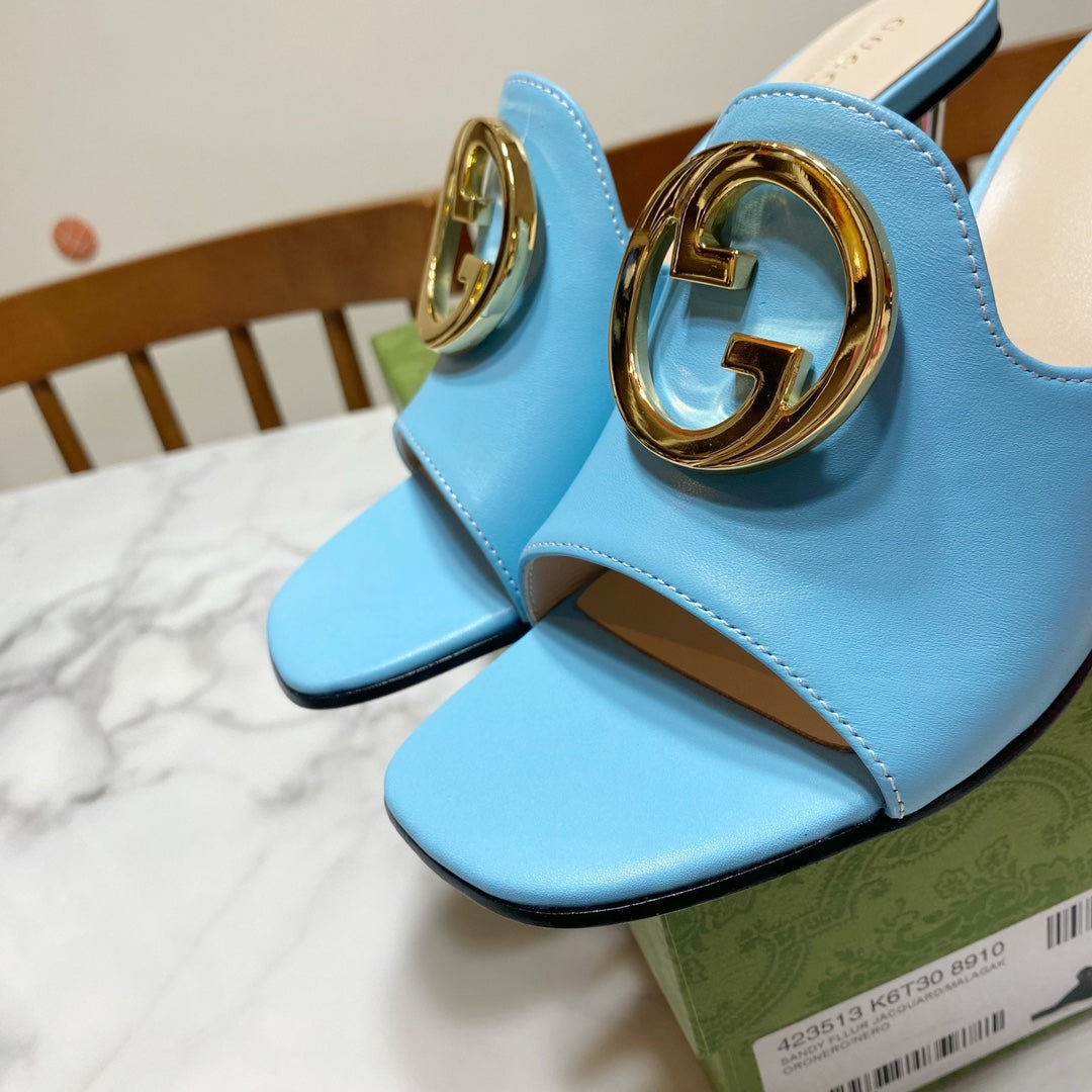 GG HIGH HEELS BLONDIE 75 IN SKY BLUE LAMBSKIN WITH GOLD HARDWARE - 34