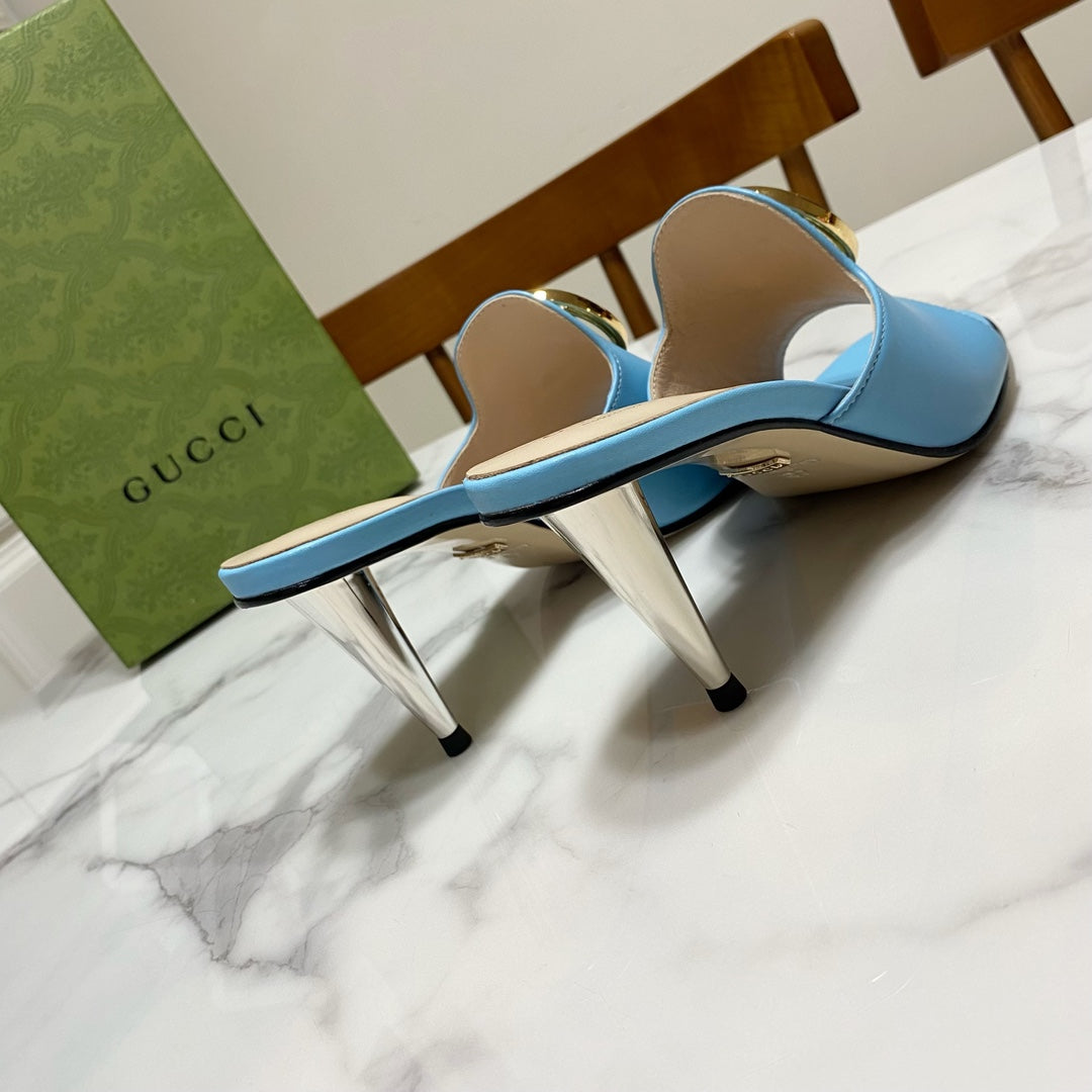 GG HIGH HEELS BLONDIE 75 IN SKY BLUE LAMBSKIN WITH GOLD HARDWARE - 34
