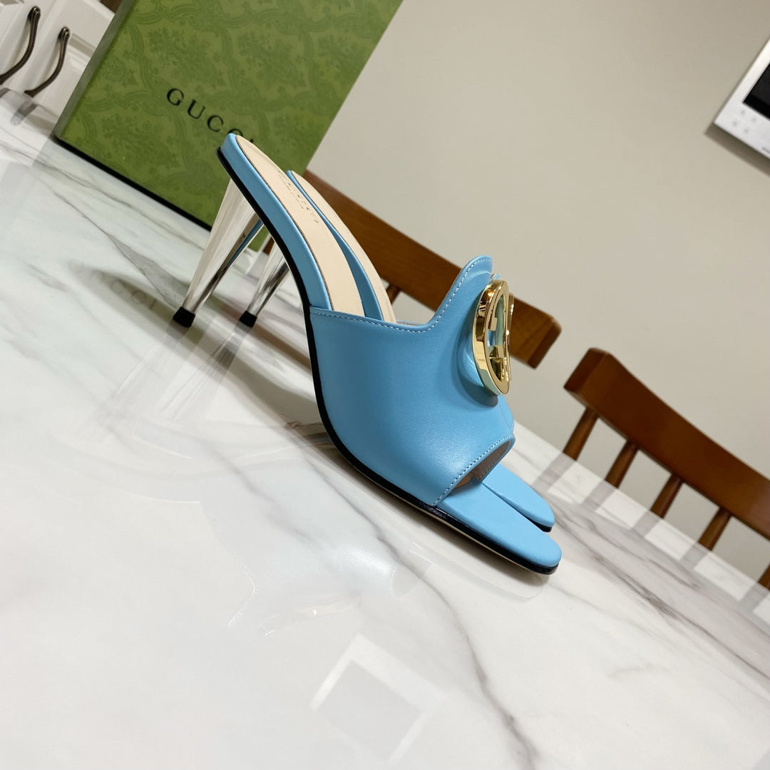 GG HIGH HEELS BLONDIE 75 IN SKY BLUE LAMBSKIN WITH GOLD HARDWARE - 34