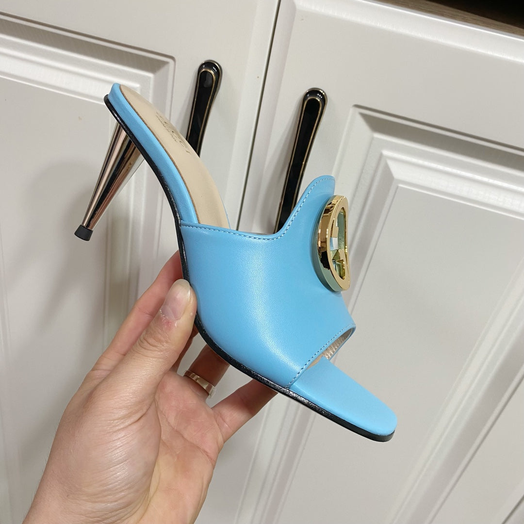 GG HIGH HEELS BLONDIE 75 IN SKY BLUE LAMBSKIN WITH GOLD HARDWARE - 34