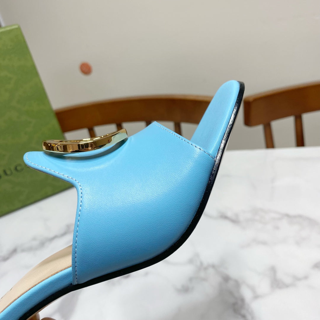 GG HIGH HEELS BLONDIE 75 IN SKY BLUE LAMBSKIN WITH GOLD HARDWARE - 34