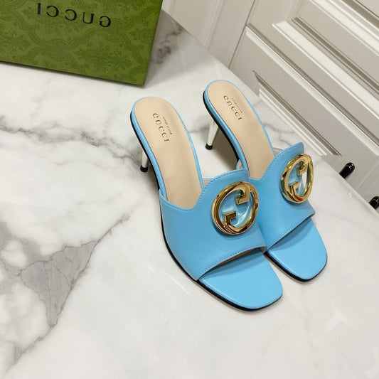 GG HIGH HEELS BLONDIE 75 IN SKY BLUE LAMBSKIN WITH GOLD HARDWARE - 34