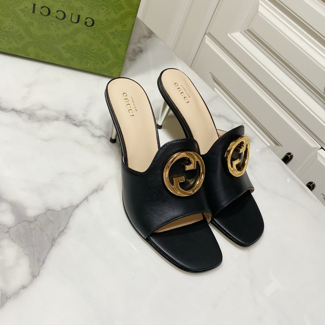 GG HIGH HEELS BLONDIE 75 IN BLACK LAMBSKIN WITH GOLD HARDWARE - 34