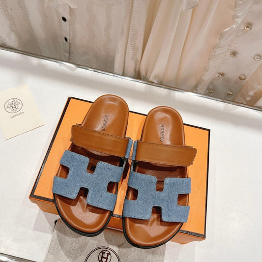 CHYPRE SANDAL BRIGHT BROWN LAMBSKIN AND BLUE DENIM - 34