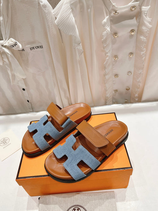 CHYPRE SANDAL, ЯСКРАВО-КОРИЧНЕВА ШКІРА ЯГНЯТИ ТА СИНІЙ ДЕНІМ - 34
