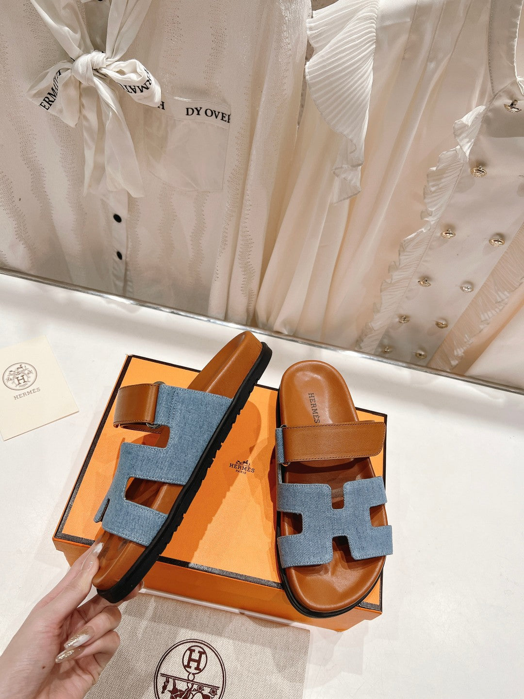 CHYPRE SANDAL BRIGHT BROWN LAMBSKIN AND BLUE DENIM - 34