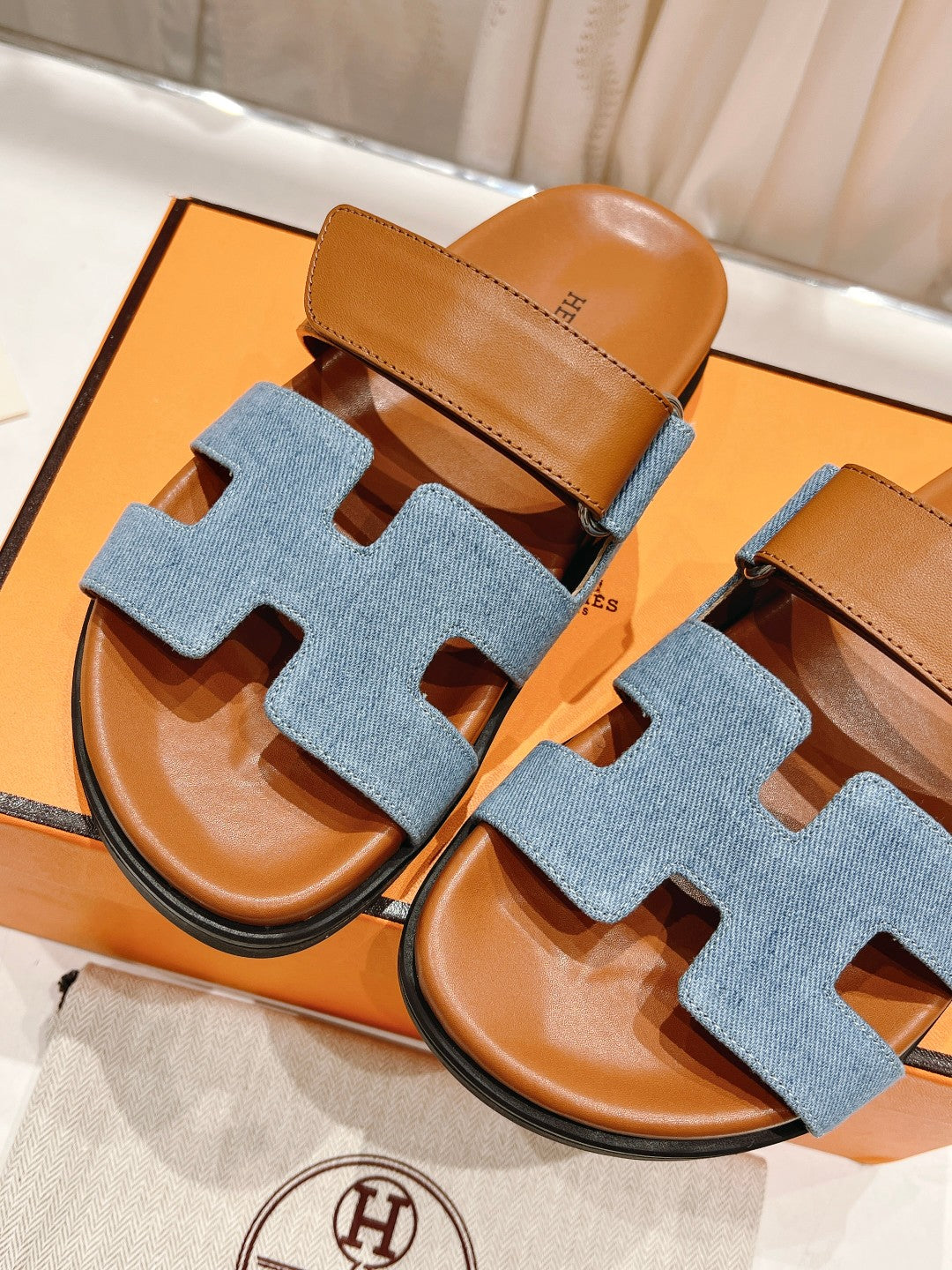 CHYPRE SANDAL BRIGHT BROWN LAMBSKIN AND BLUE DENIM - 34