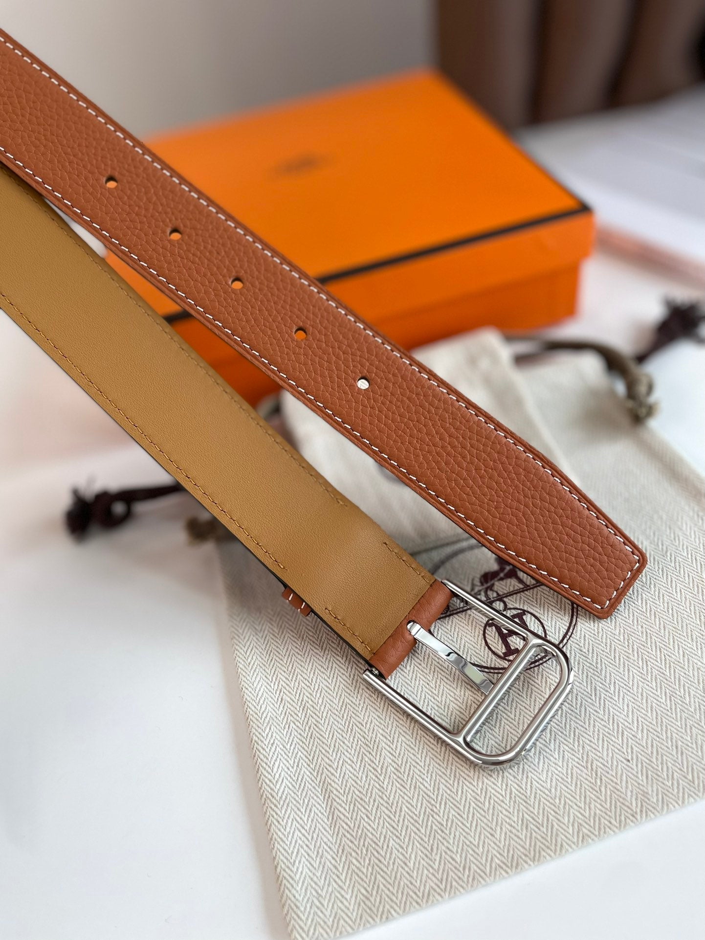HM ROMAIN 35MM BELT YAM ORANGE LEATHER SILVER HARDWARE - 30