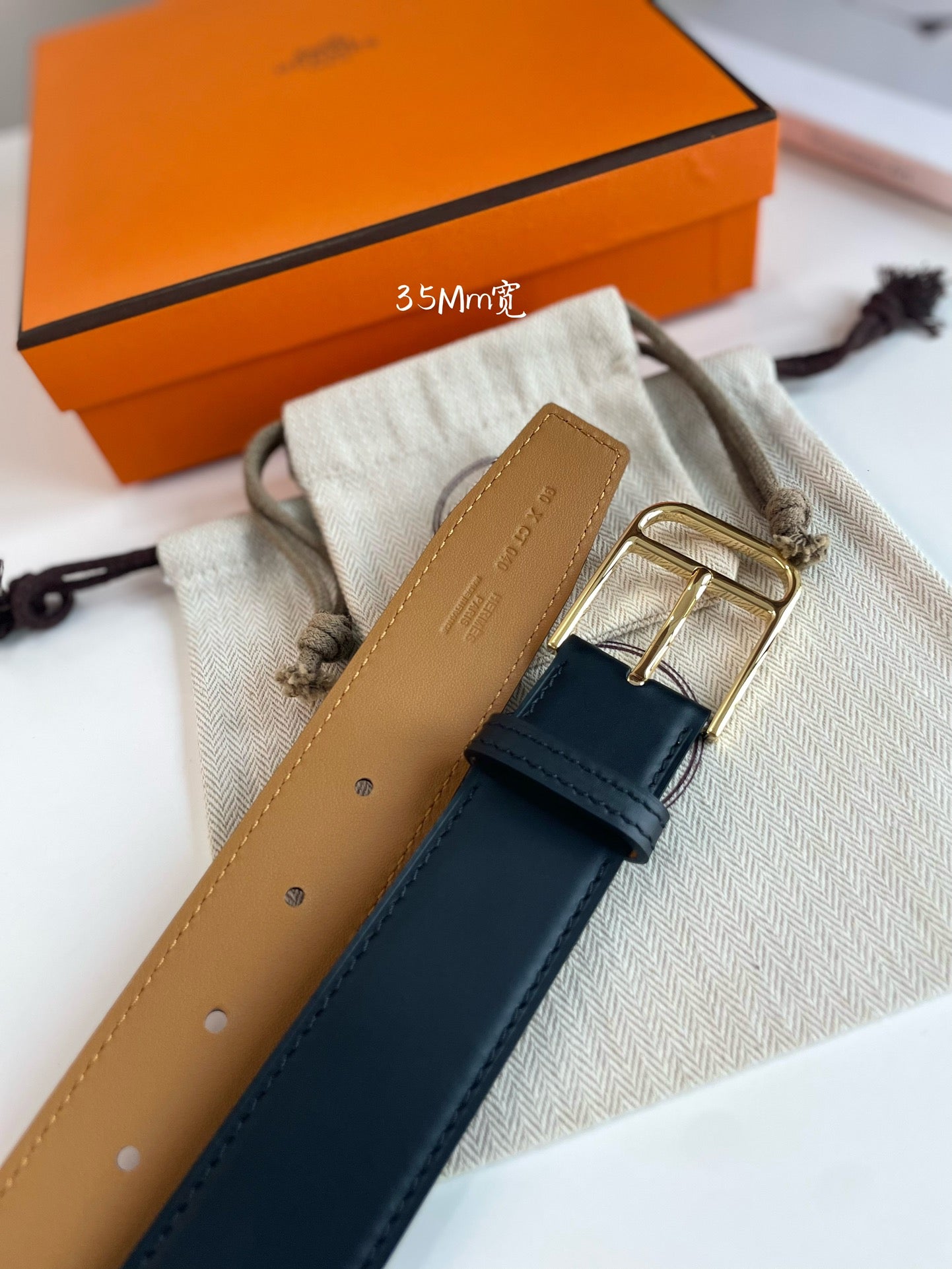 HM ROMAIN 35MM BELT BLACK LEATHER GOLD HARDWARE - 30