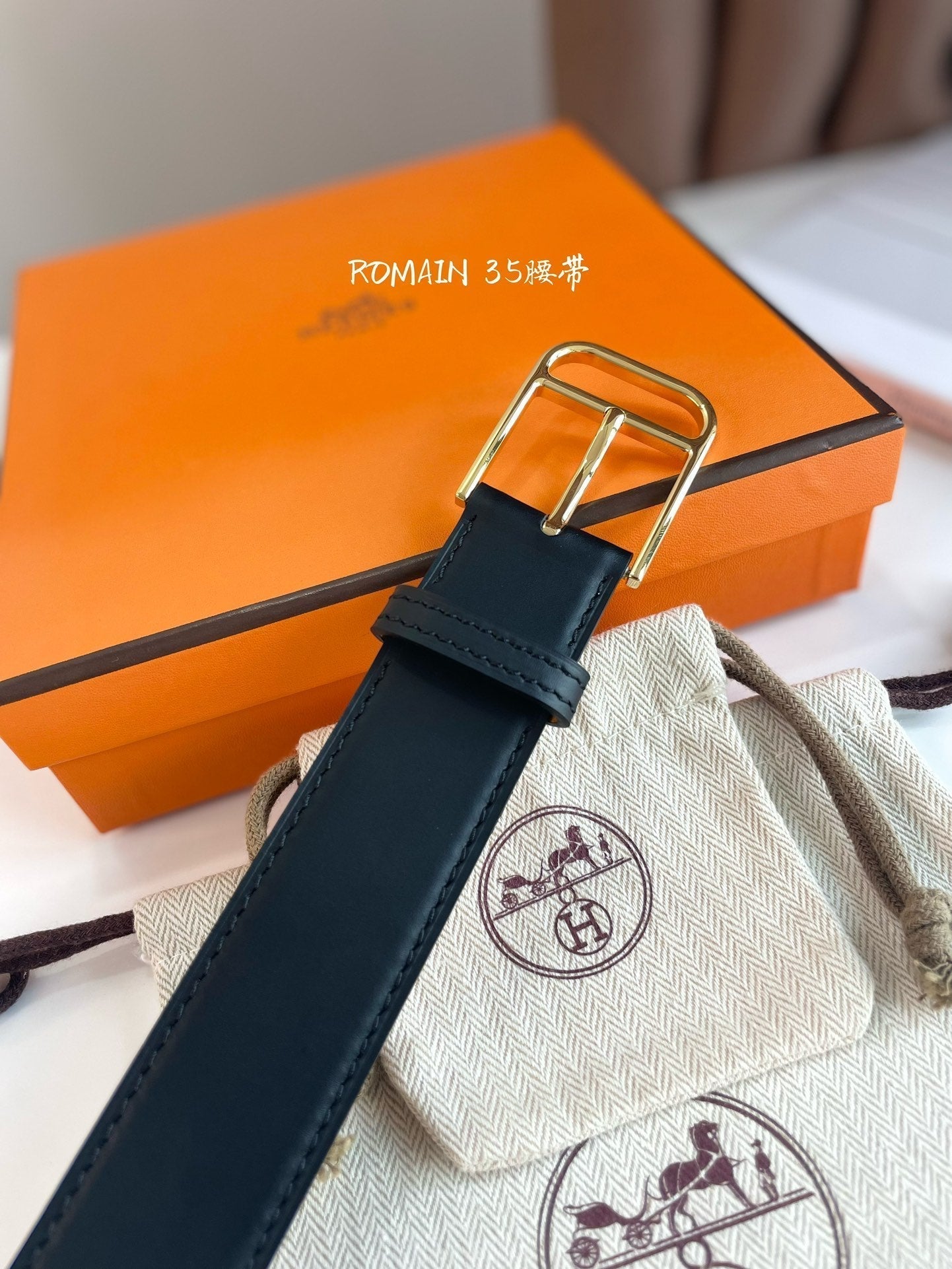 HM ROMAIN 35MM BELT BLACK LEATHER GOLD HARDWARE - 30