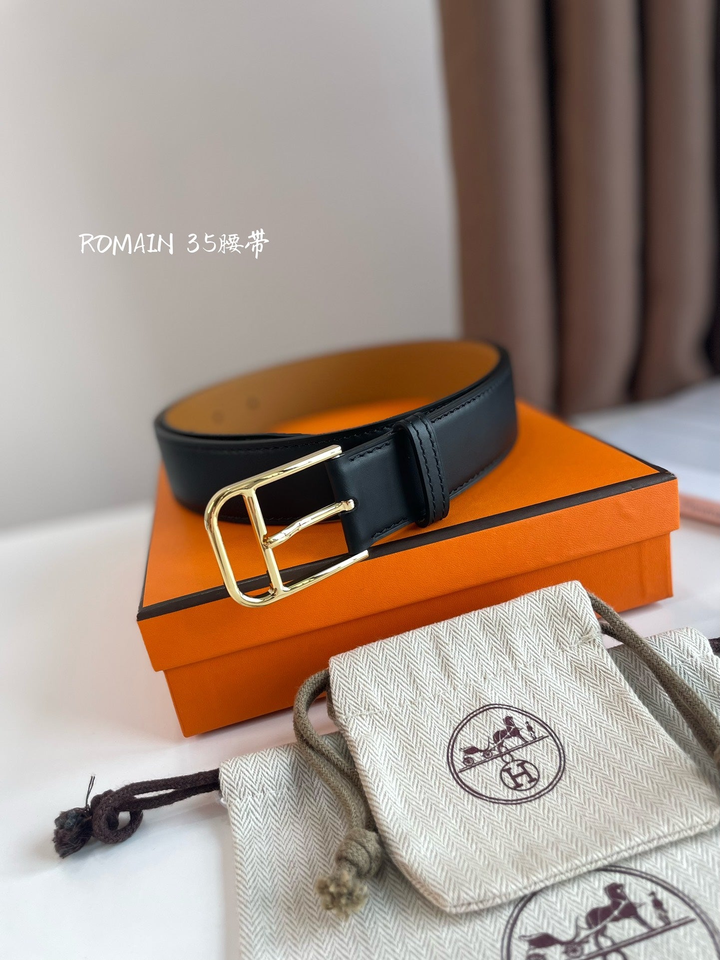 HM ROMAIN 35MM BELT BLACK LEATHER GOLD HARDWARE - 30