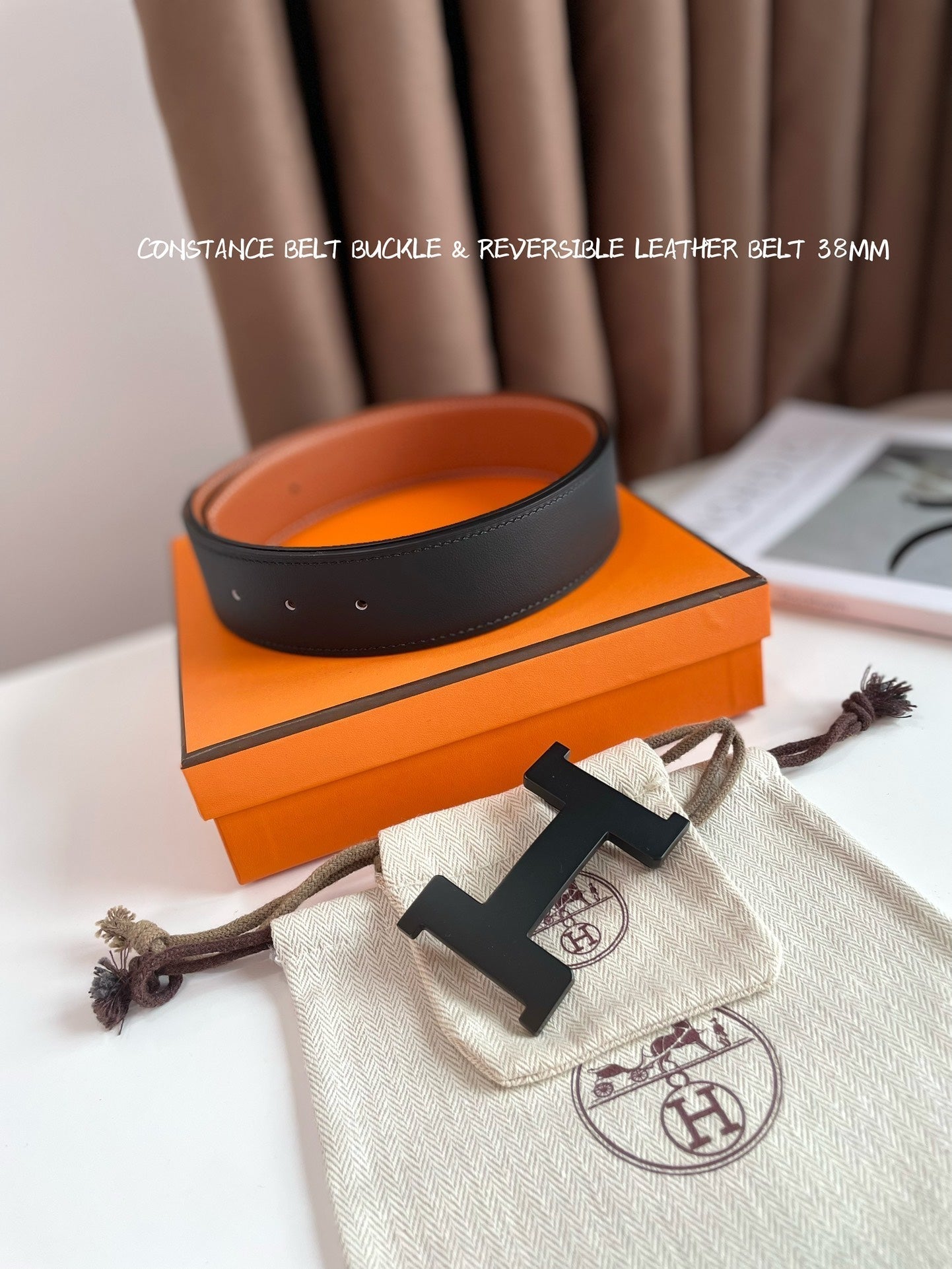 HM CONSTANCE BELT BUCKLE & REVERSIBLE GINGER ORANGE AND BLACK LEATHER STRAP 38MM - 30