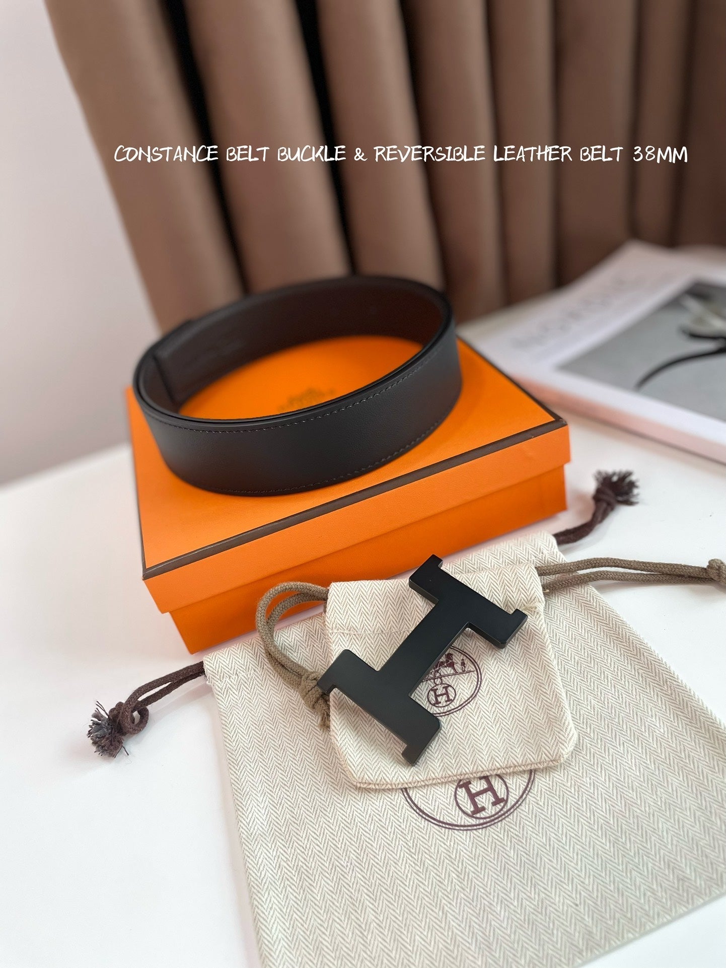HM CONSTANCE BELT BUCKLE & REVERSIBLE CHOCOLATE BROWN AND BLACK LEATHER STRAP 38MM - 30
