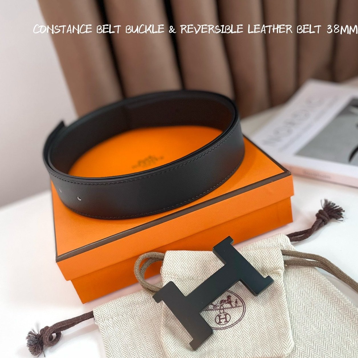 HM CONSTANCE BELT BUCKLE & REVERSIBLE  BLACK LEATHER STRAP 38MM - 30