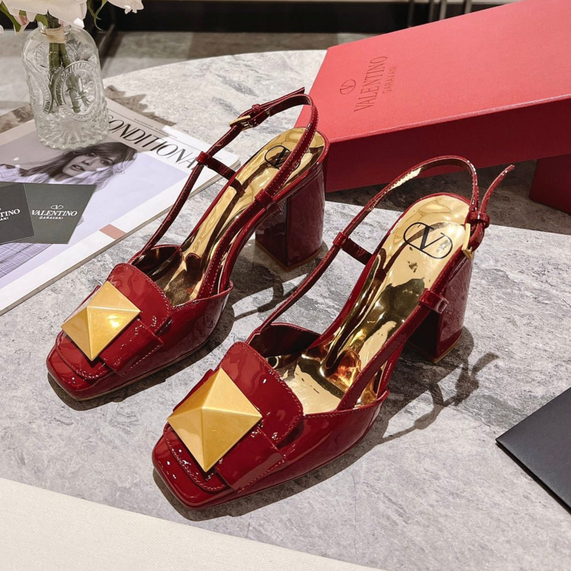 ONE STUD RUBY RED PATENT LEATHER LACE-UP HIGH HEELS 85 MM - 34
