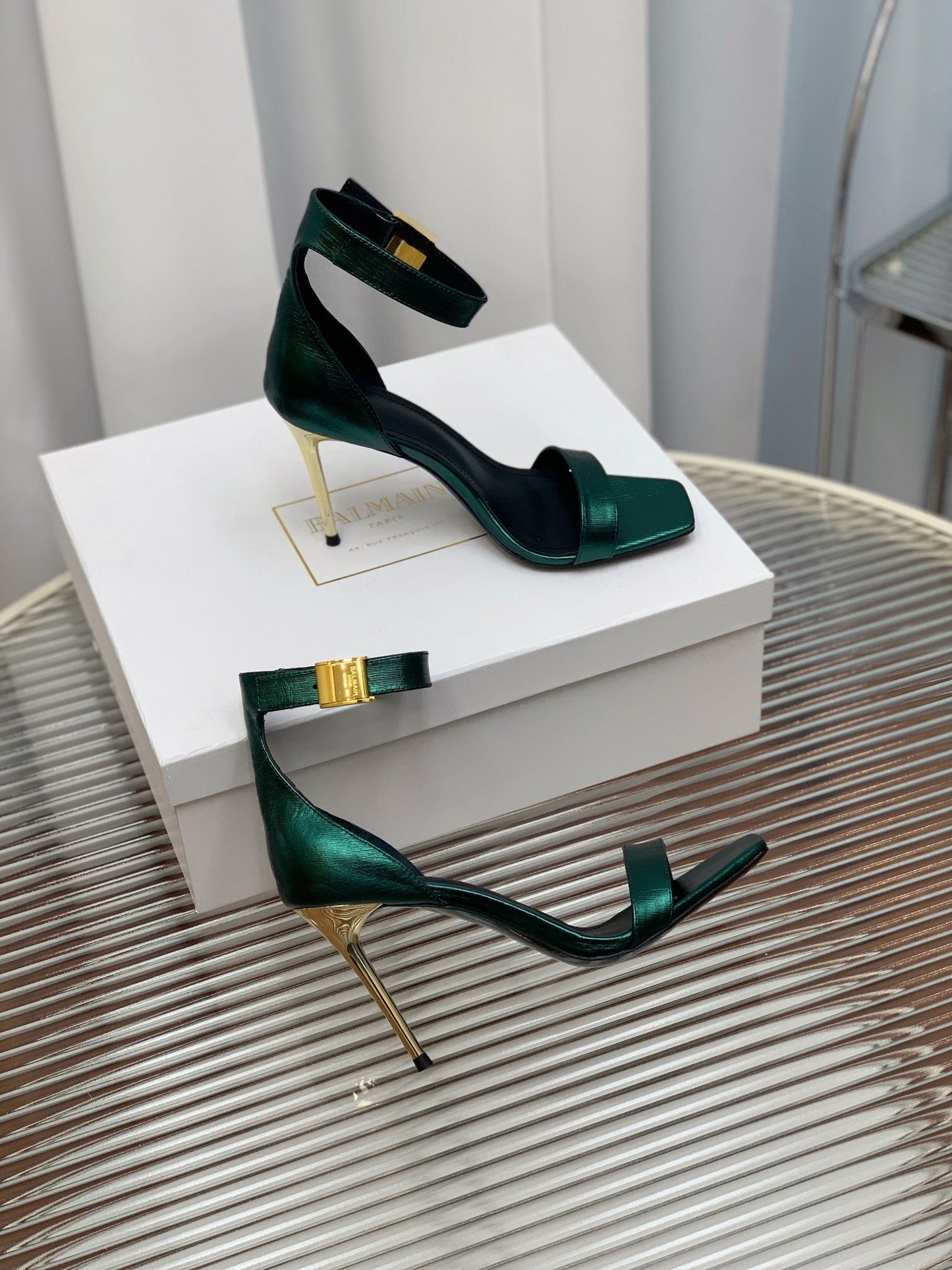 BALMAIN 25S METAL BUCKLE HIGH HEELS 95MM IN TEAL GREEN CALFSKIN - 35