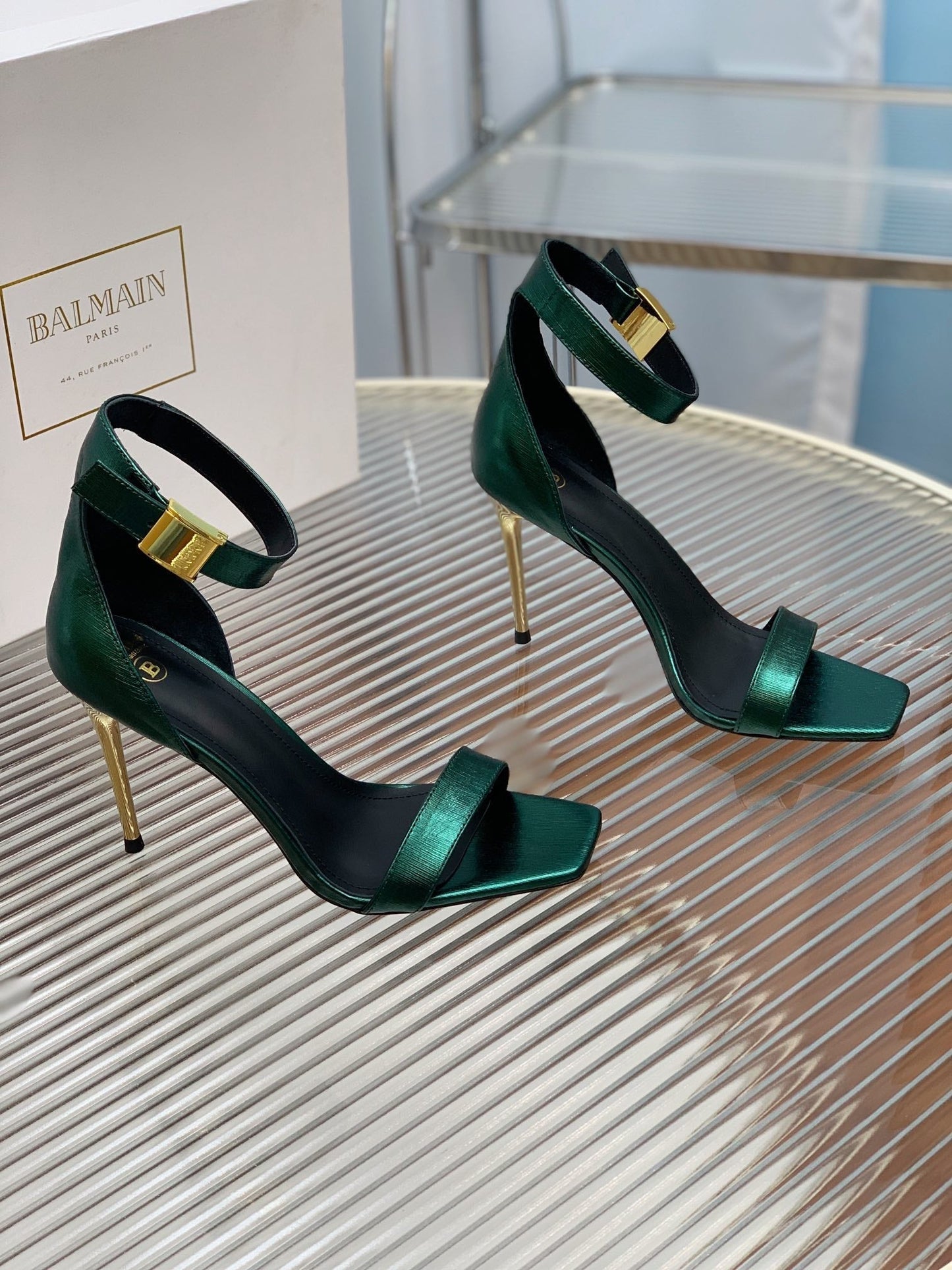 BALMAIN 25S METAL BUCKLE HIGH HEELS 95MM IN TEAL GREEN CALFSKIN - 35