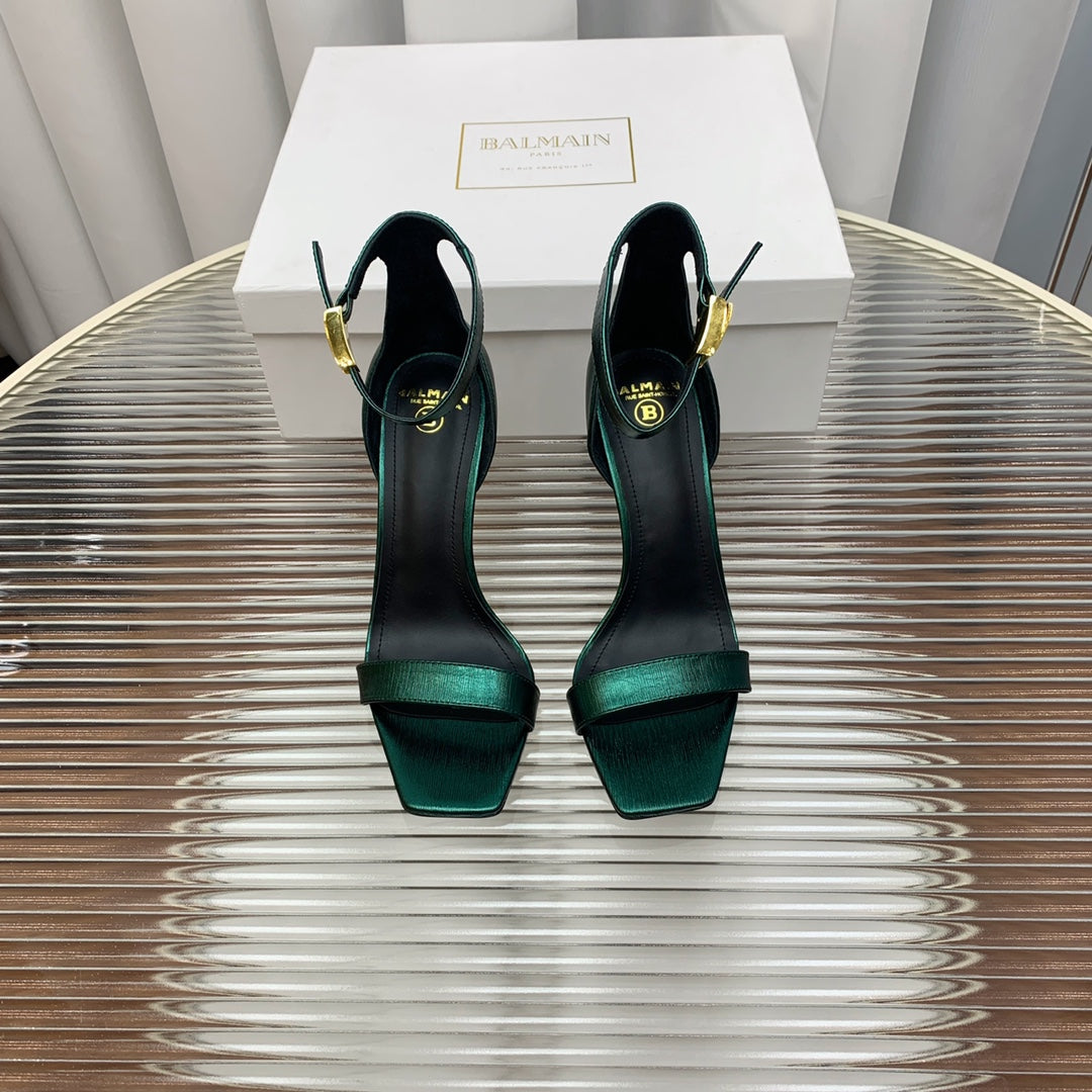 BALMAIN 25S METAL BUCKLE HIGH HEELS 95MM IN TEAL GREEN CALFSKIN - 35