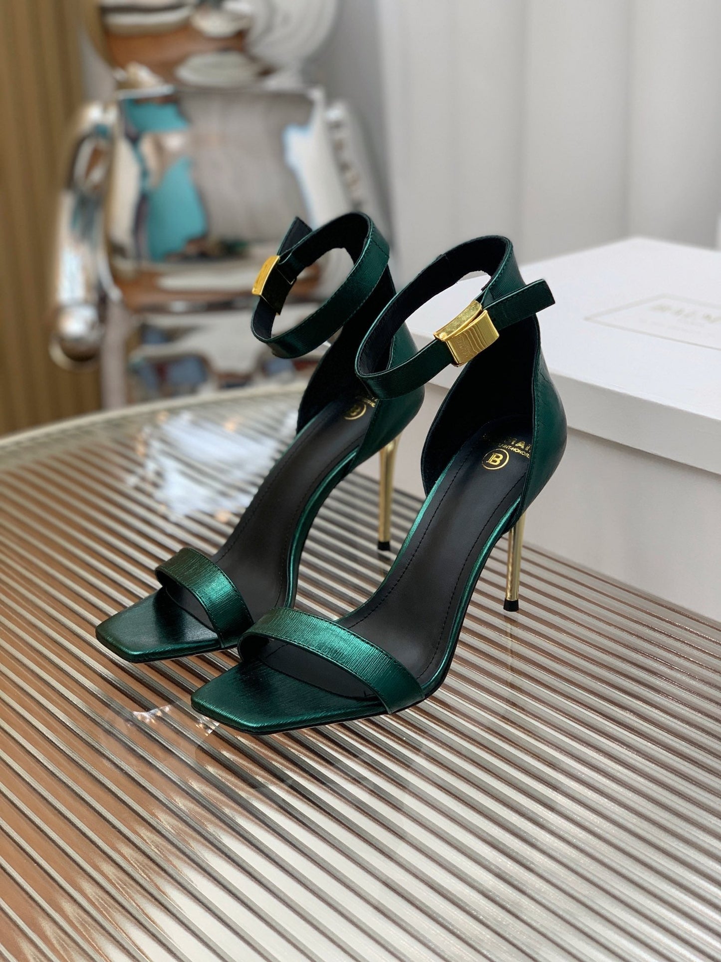 BALMAIN 25S METAL BUCKLE HIGH HEELS 95MM IN TEAL GREEN CALFSKIN - 35
