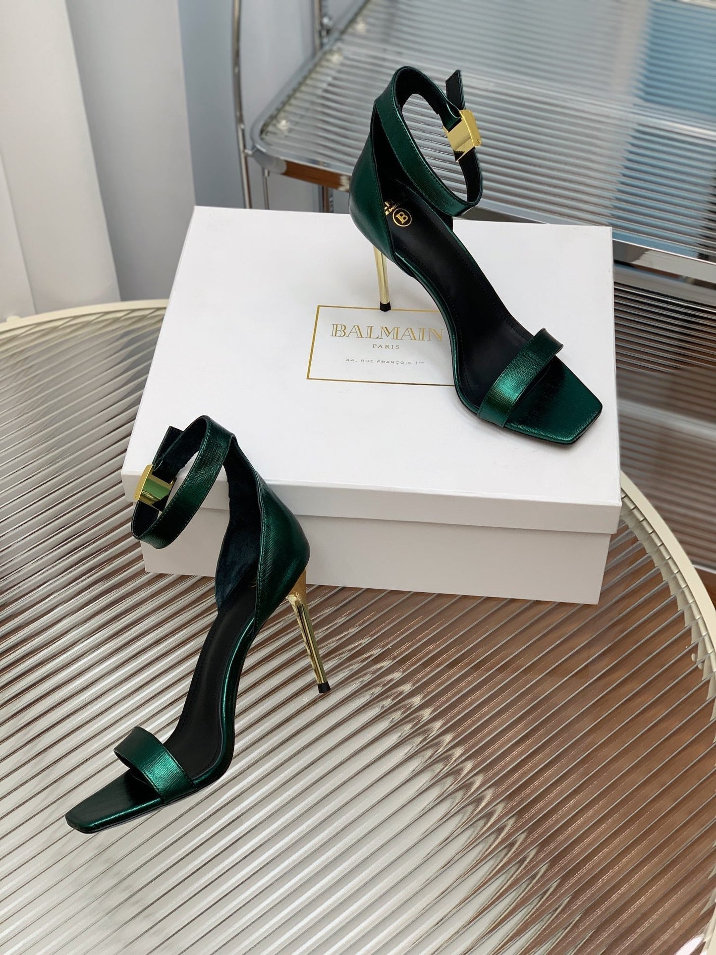 BALMAIN 25S METAL BUCKLE HIGH HEELS 95MM IN TEAL GREEN CALFSKIN - 35