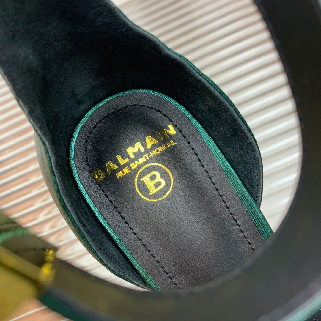 BALMAIN 25S METAL BUCKLE HIGH HEELS 95MM IN TEAL GREEN CALFSKIN - 35