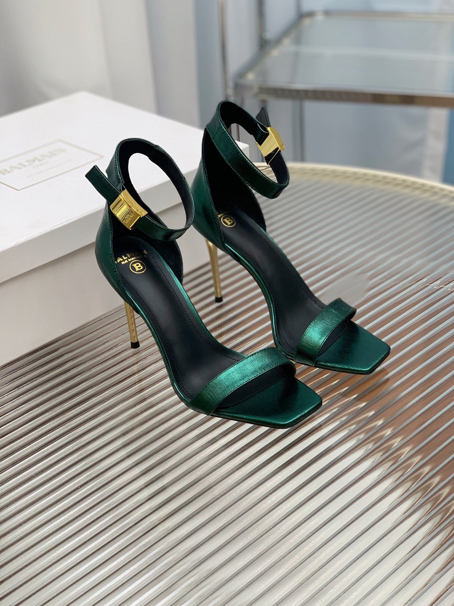 BALMAIN 25S METAL BUCKLE HIGH HEELS 95MM IN TEAL GREEN CALFSKIN - 35