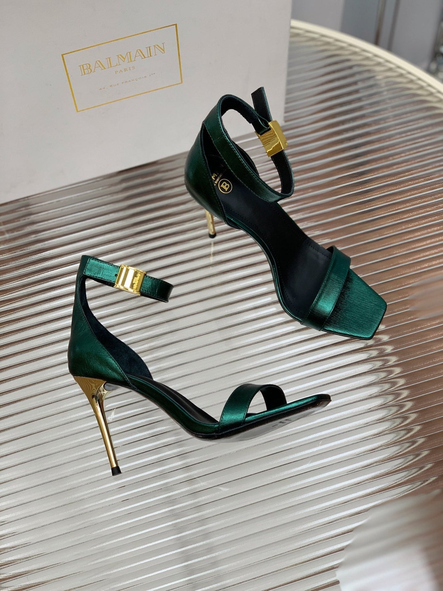 BALMAIN 25S METAL BUCKLE HIGH HEELS 95MM IN TEAL GREEN CALFSKIN - 35