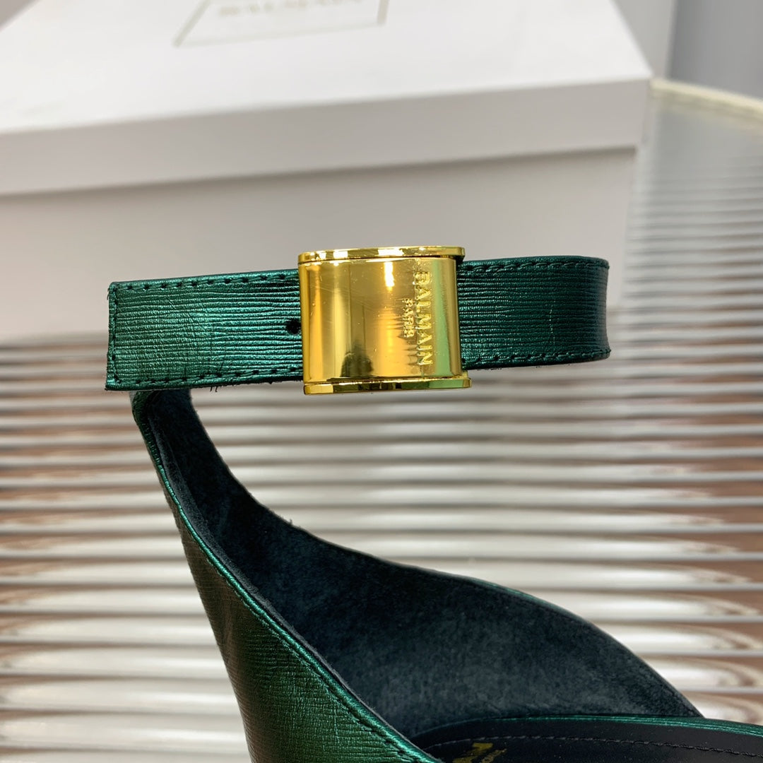 BALMAIN 25S METAL BUCKLE HIGH HEELS 95MM IN TEAL GREEN CALFSKIN - 35